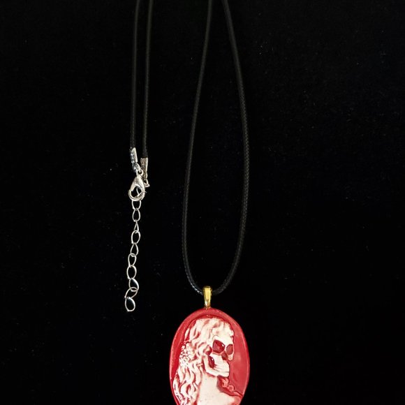 Handmade Ceramic Red Skull Cameo Pendant Necklace - Picture 5 of 14